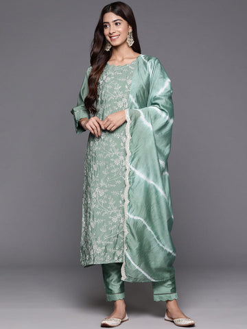 Sea Green Embroidered Kurta Paired With Tonal Bottom And Dupatta